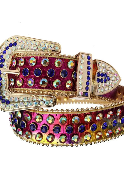 Colorful belt with rhinestone details on a white background