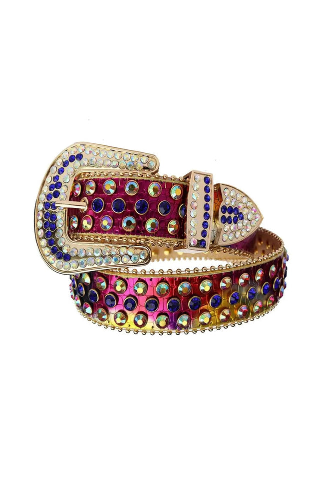 Colorful belt with rhinestone details on a white background