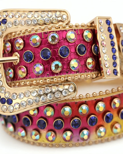 Colorful belt with rhinestone embellishments on a white background