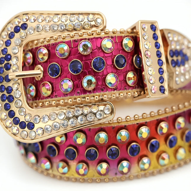 Colorful belt with rhinestone embellishments on a white background