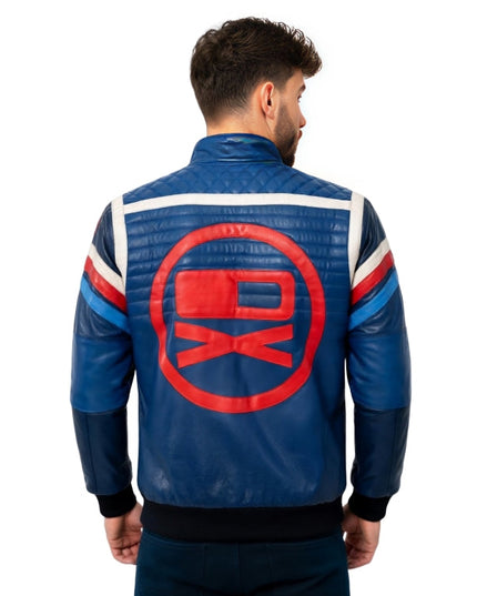 Man wearing a blue leather jacket with a red logo on the back against a white background