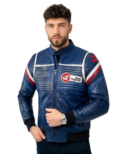 Man wearing a blue jacket with a brand logo on a white background