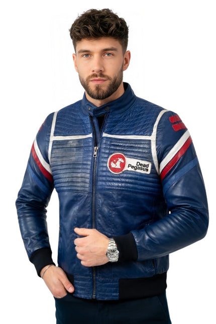 Man wearing a blue jacket with a brand logo on a white background
