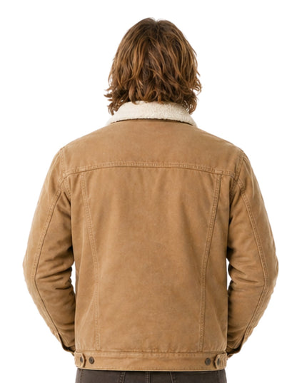 Brown jacket with white fur collar worn by a person on a white background