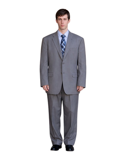 Man wearing a gray suit with a blue tie on a white background