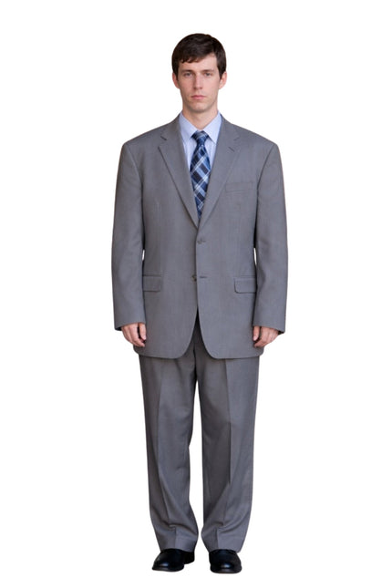 Man wearing a gray suit with a blue tie on a white background