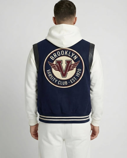Navy Brooklyn Sleeveless Varsity Jacket