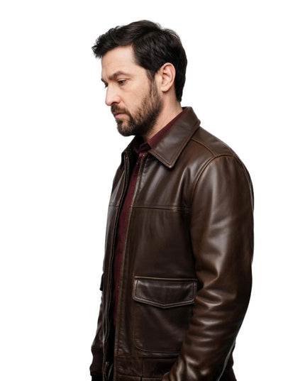Man wearing a brown leather jacket on a white background