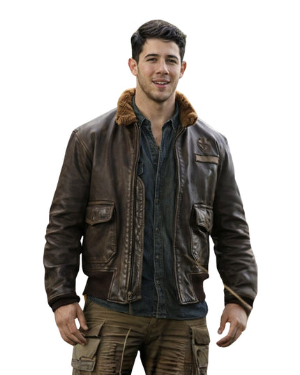 Man wearing a brown leather jacket with fur collar on a white background