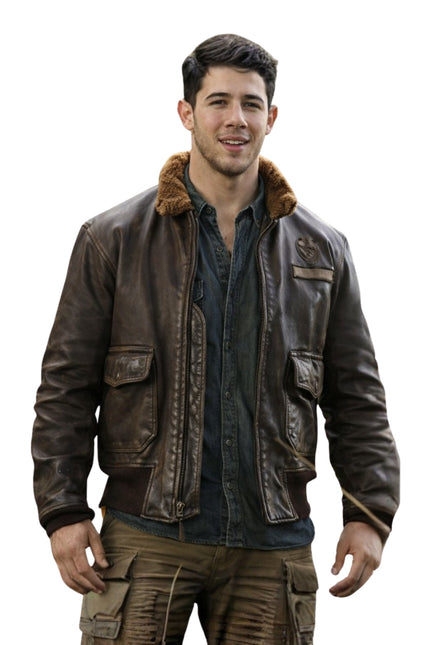 Man wearing a brown leather jacket with fur collar on a white background