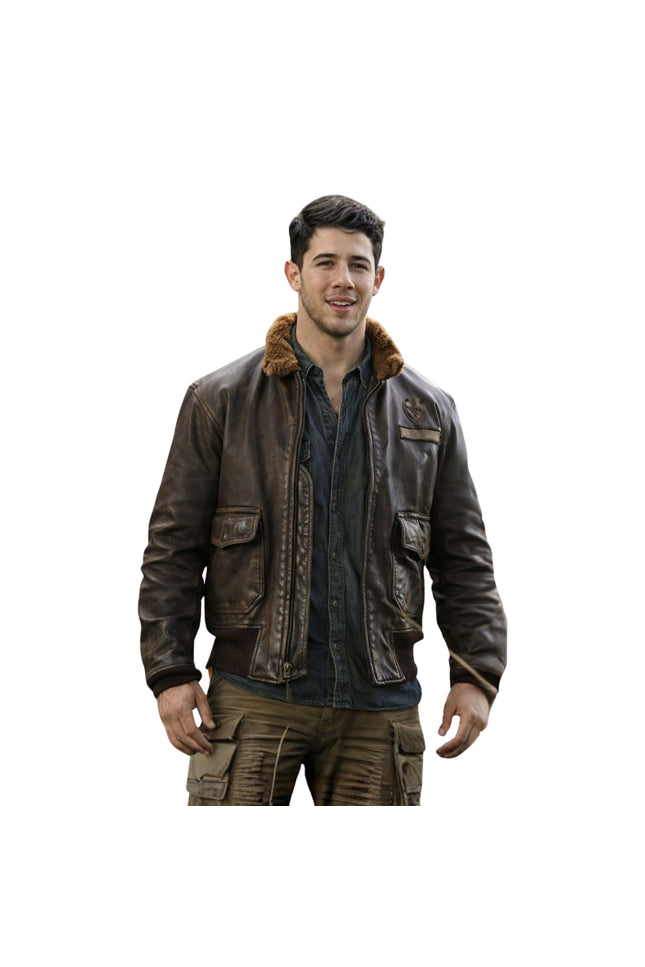 Man wearing a brown leather jacket with fur collar on a white background
