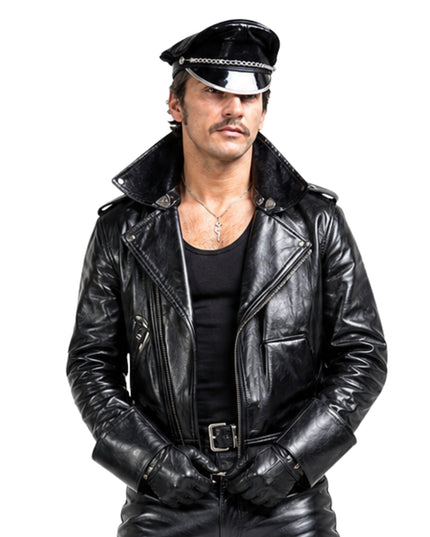 Person wearing a black leather jacket and hat on a white background