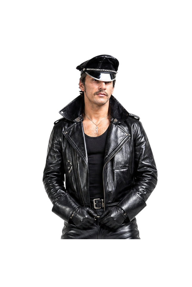 Person wearing a black leather jacket and hat on a white background
