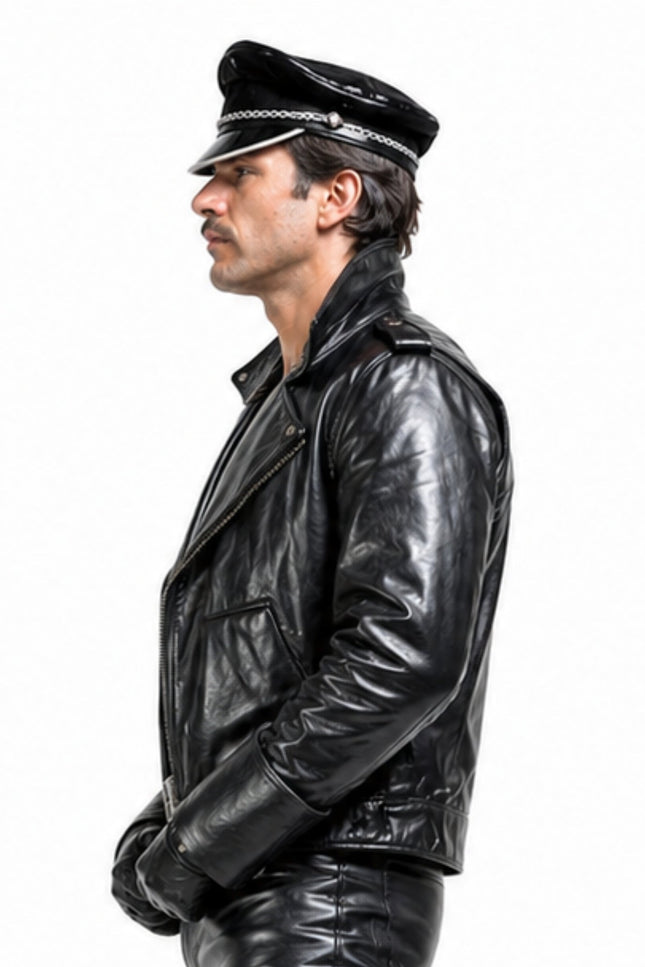 Man wearing a black leather jacket and cap on a white background