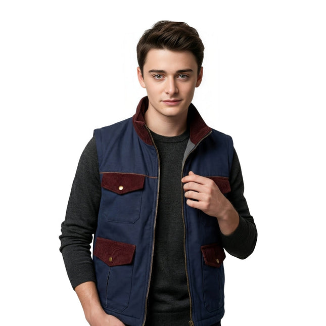 Man wearing a navy vest with brown accents on a white background