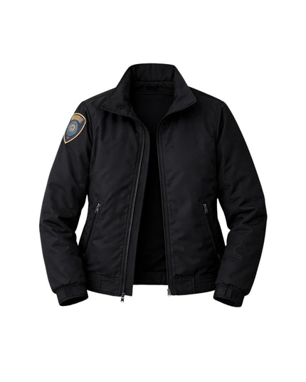 Black jacket with a patch on a white background