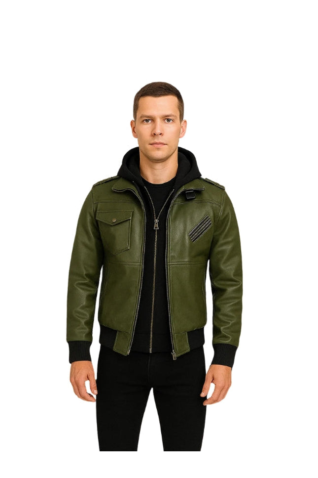 Olive Green Bomber Leather Jacket With Hood