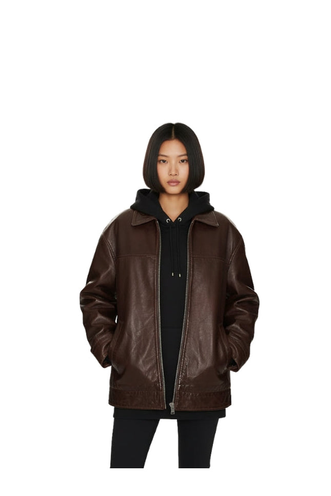 Olivia Brown Oversized Leather Jacket