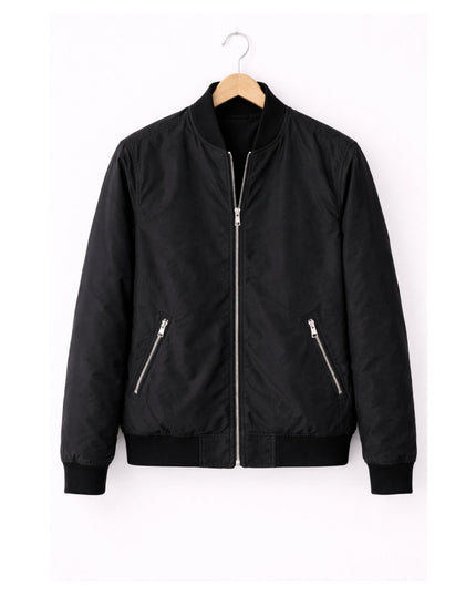 Black bomber jacket on a hanger against a white background