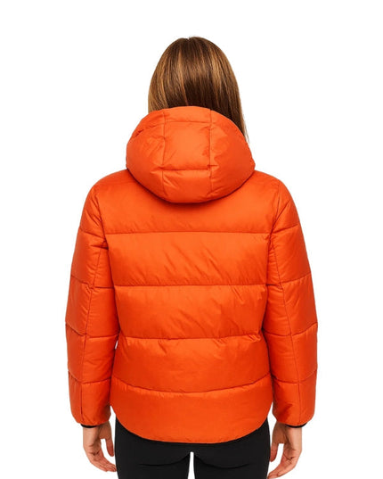 Orange puffer jacket worn by a person on a white background