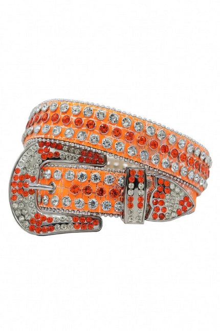 Belt with orange and silver rhinestone design on a white background