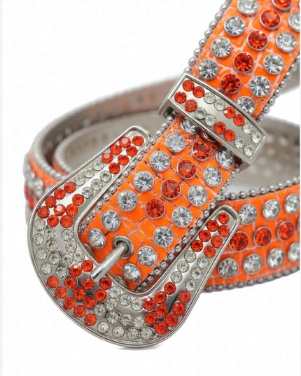 Orange belt with silver and red gemstones on a white background
