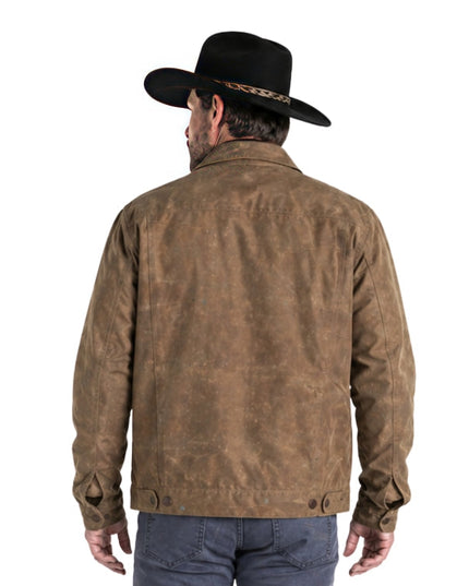 Man wearing a brown leather jacket and black cowboy hat on a white background