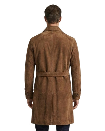 Man wearing a brown suede coat on a white background