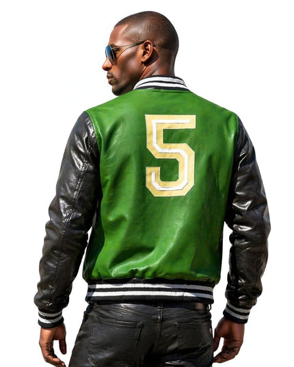Person wearing a green and black varsity jacket with the number 5 on a white background