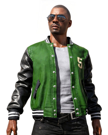 Man wearing a green and black varsity jacket with a white background