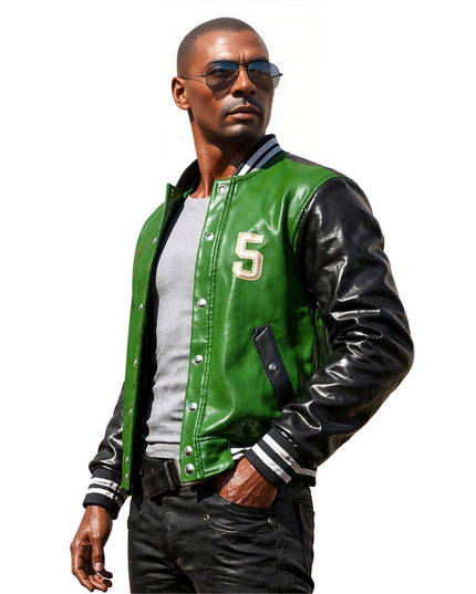 Man wearing a green varsity jacket with black leather sleeves, sunglasses, and a white shirt.