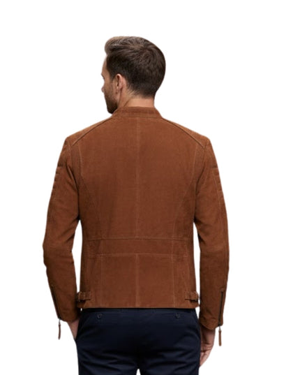 Man wearing a brown suede jacket on a white background