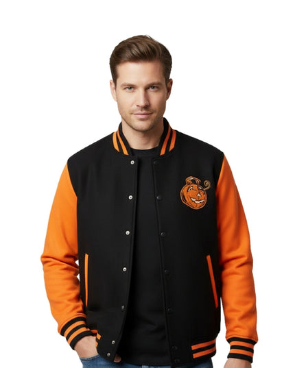 Man wearing a black and orange varsity jacket with a logo on a white background
