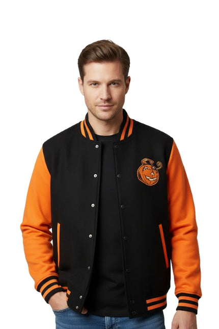 Man wearing a black and orange varsity jacket with a logo on a white background