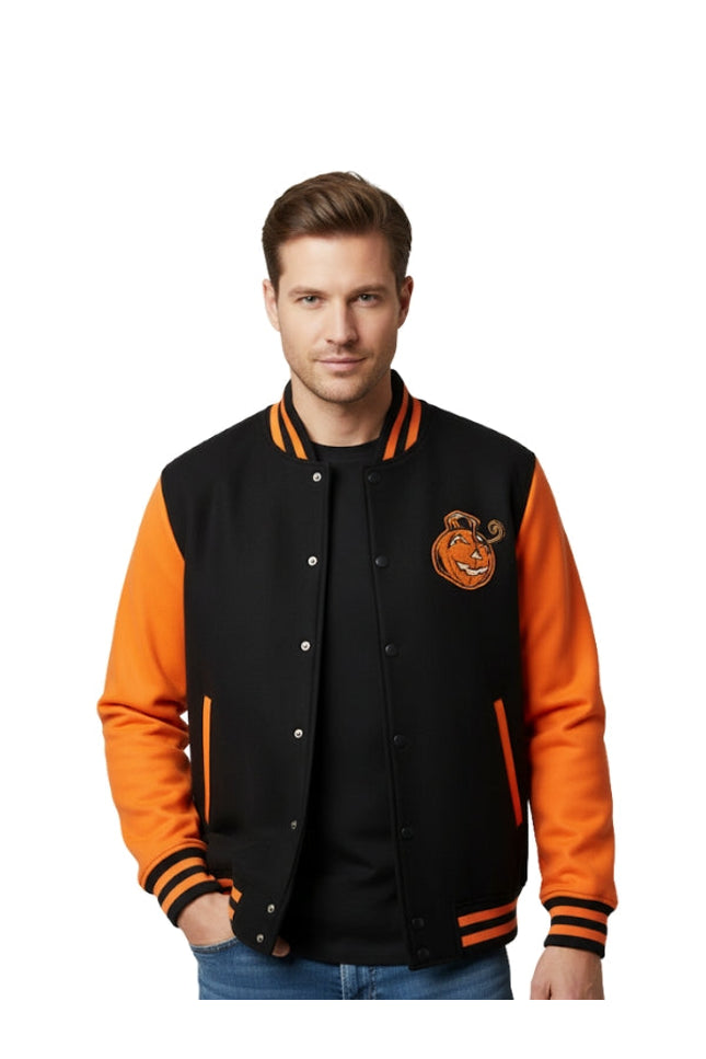 Man wearing a black and orange varsity jacket with a logo on a white background