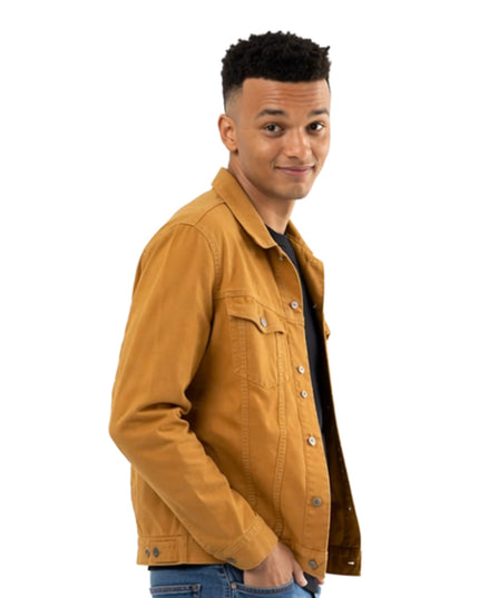 Man wearing a mustard yellow jacket on a white background