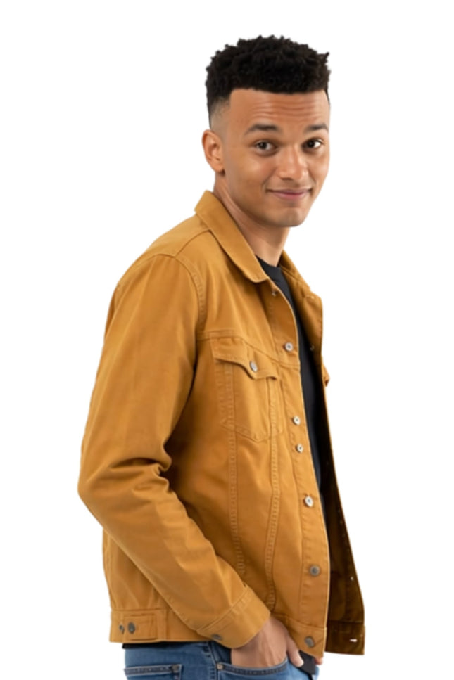 Man wearing a mustard yellow jacket on a white background