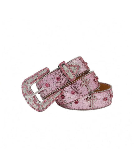 Pink belt with decorative buckle on a white background