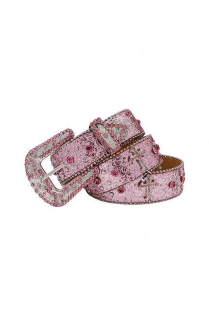 Pink belt with decorative buckle on a white background