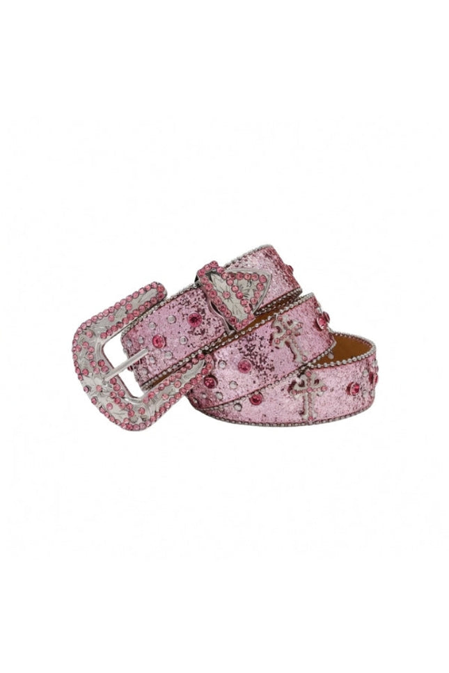 Pink belt with decorative buckle on a white background