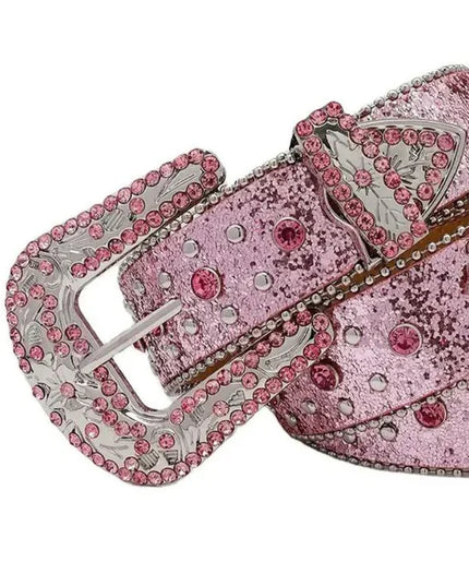 Pink belt with silver buckle and rhinestone details on a white background