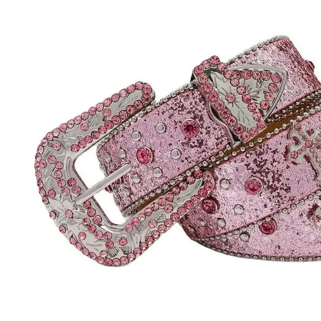 Pink belt with silver buckle and rhinestone details on a white background