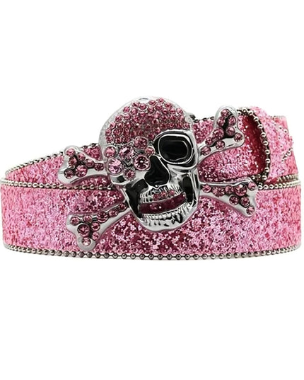 Pink glittery belt with a skull and crossbones design on a white background