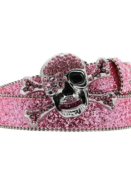 Pink glittery belt with a skull and crossbones design on a white background