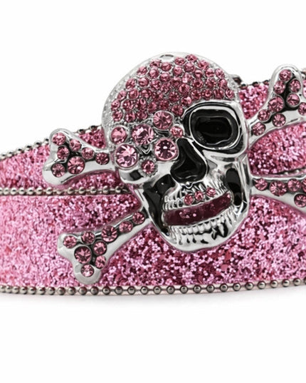 Pink glittery skull and crossbones design on a white background