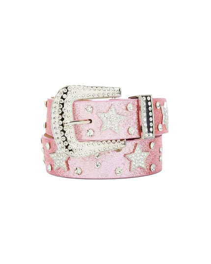 Pink belt with star designs and silver buckle on a white background
