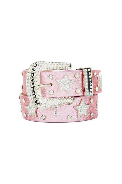 Pink belt with star designs and silver buckle on a white background