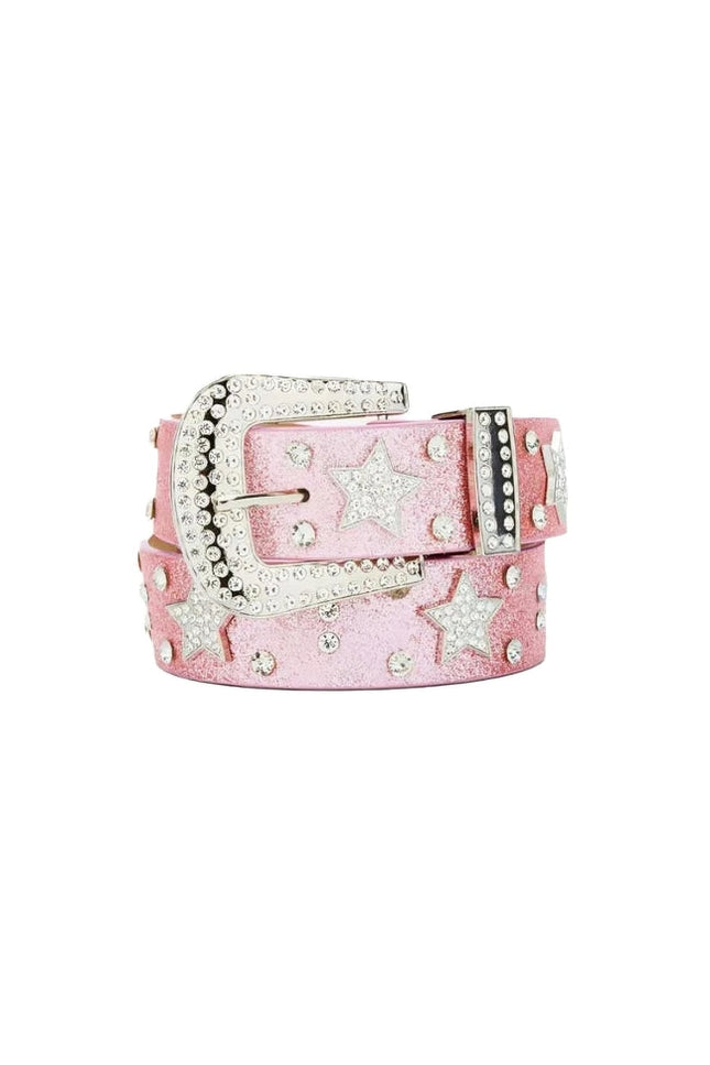 Pink belt with star designs and silver buckle on a white background