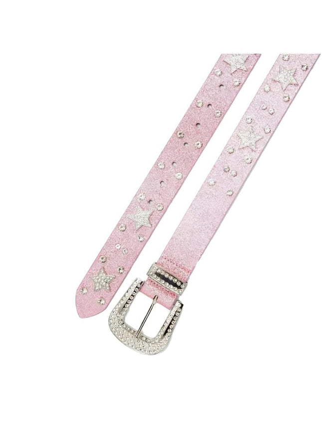 Pink belt with star and rhinestone details on a white background