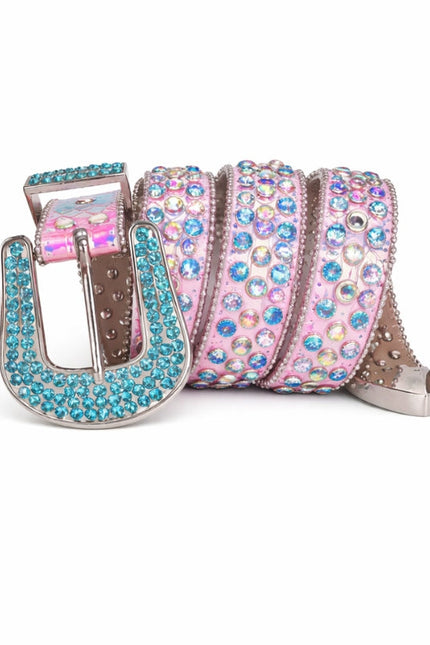 Pink belt with turquoise and multicolor gemstones on a white background